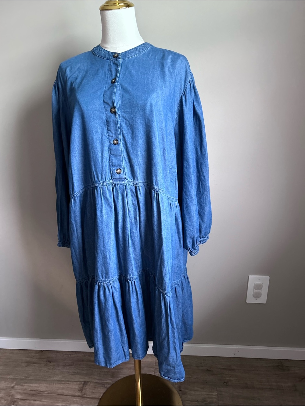 Western country cottagecore lagenlook Blue Tiered Button-Front Dress fall